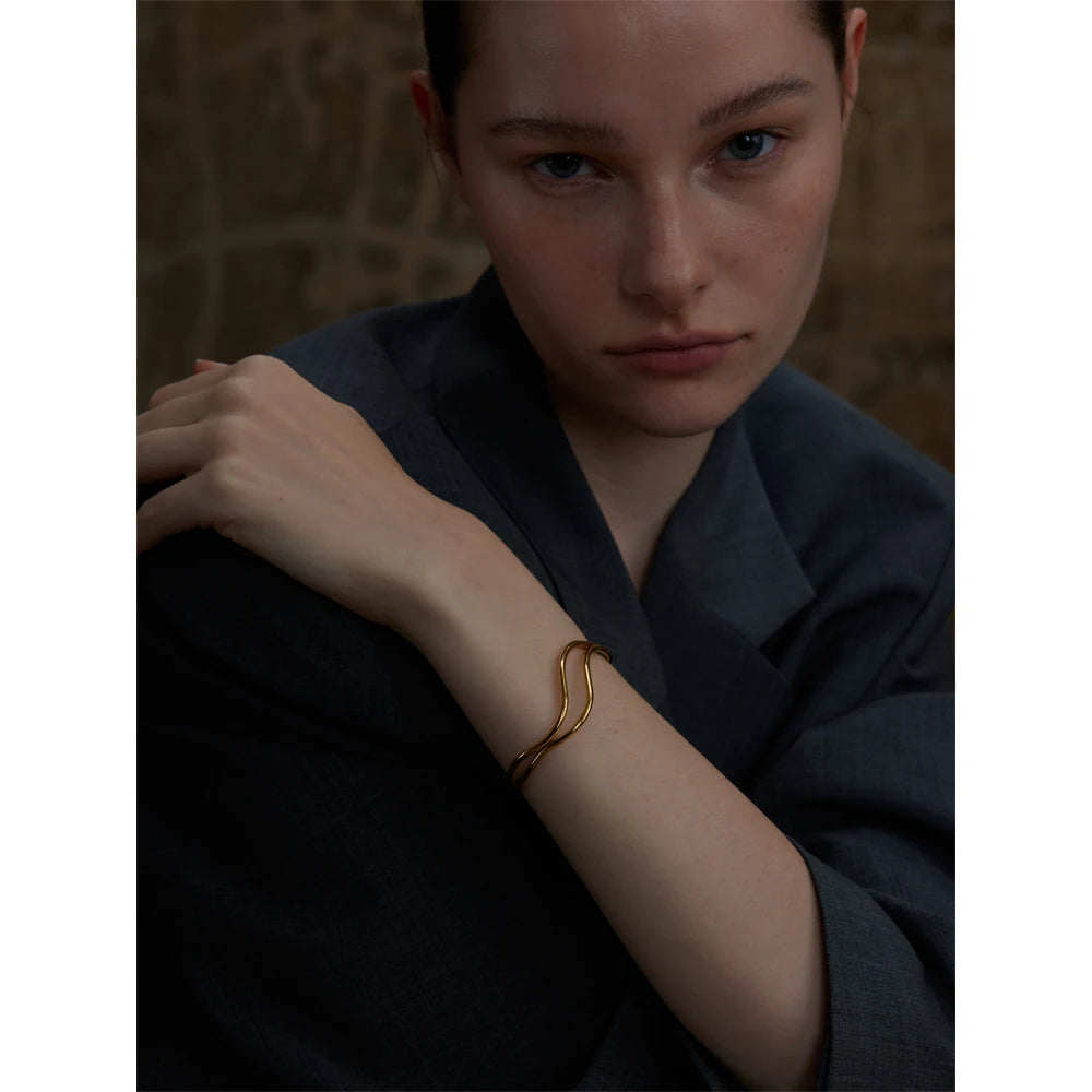 Bracelet manchette réglable double couche plaqué or véritable