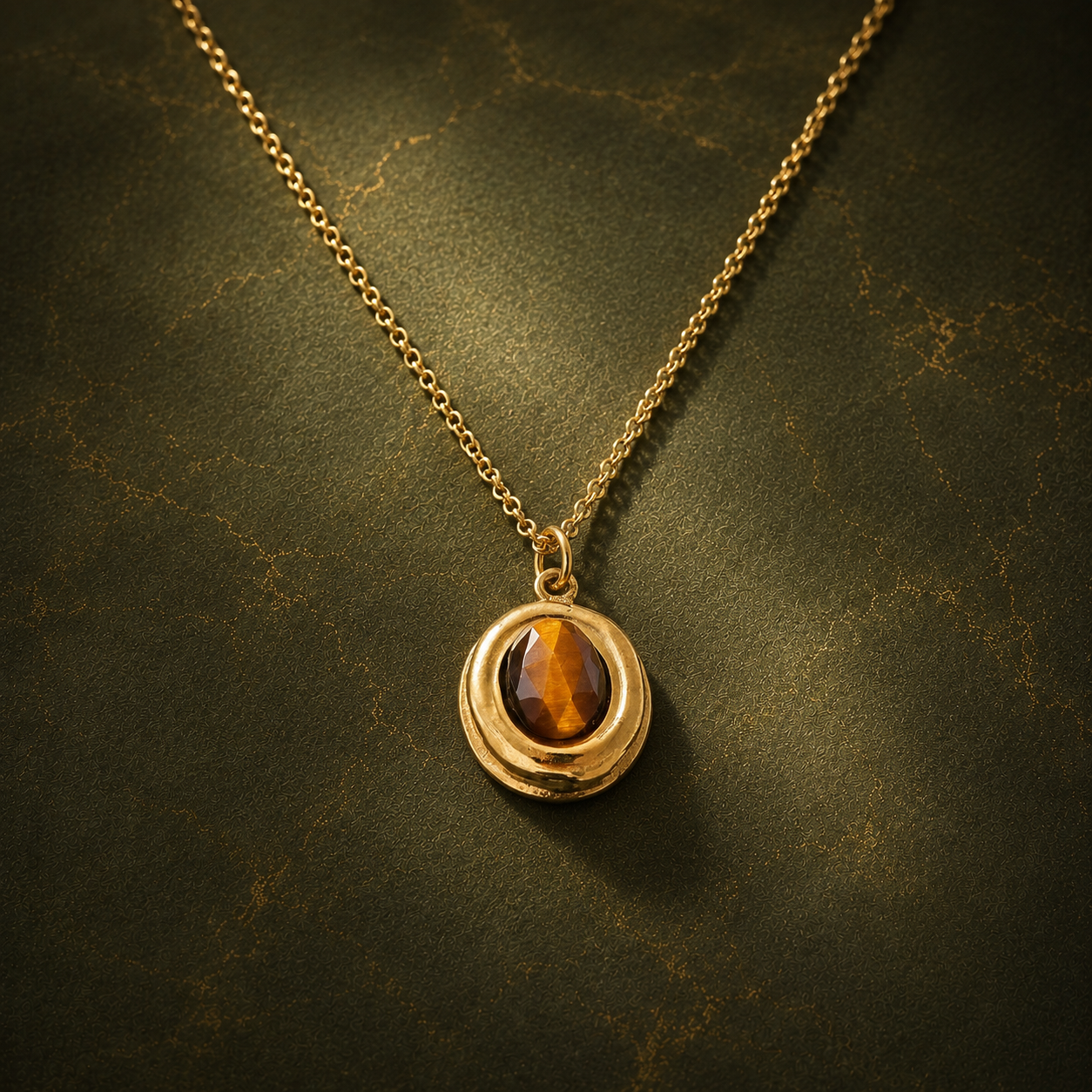 Collier pendentif œil de tigre et jade délicat