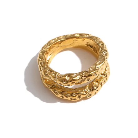 Bague ronde texture métallique plaqué or véritable