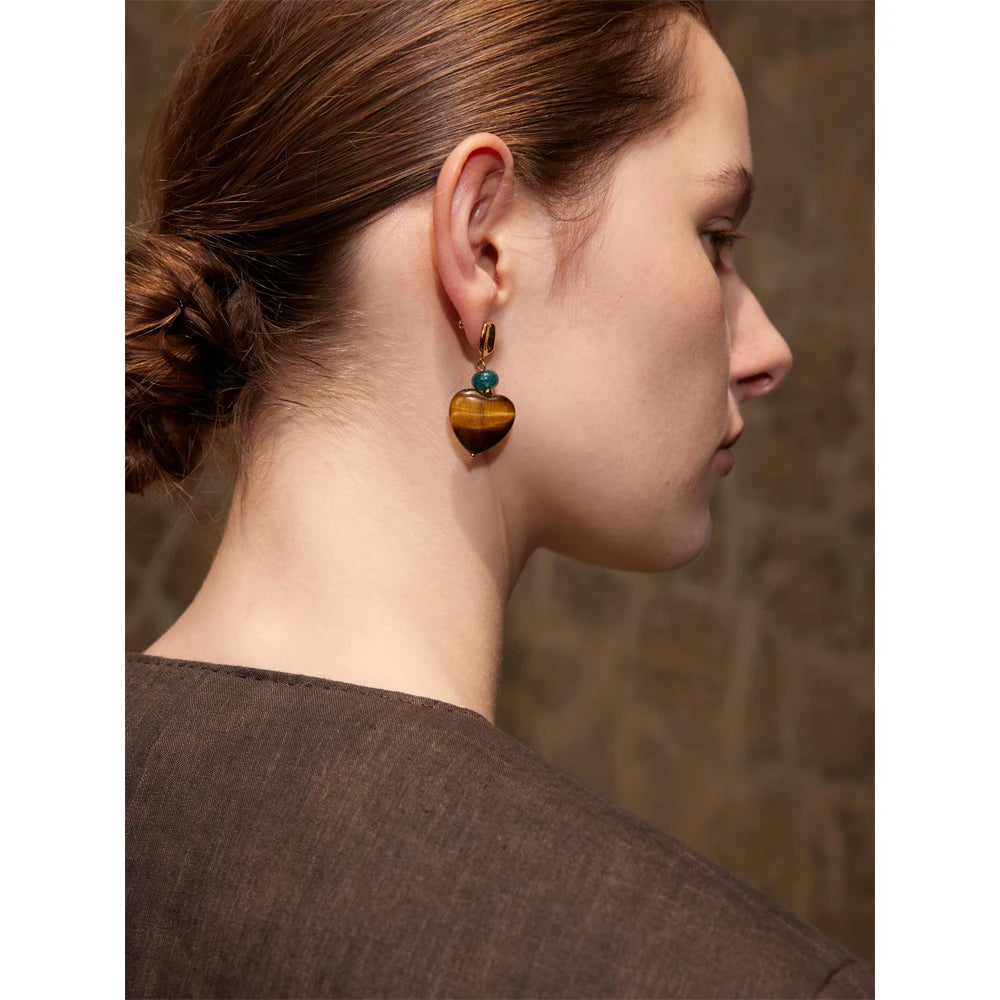 Boucles d'oreilles cœur agate tigre naturelle