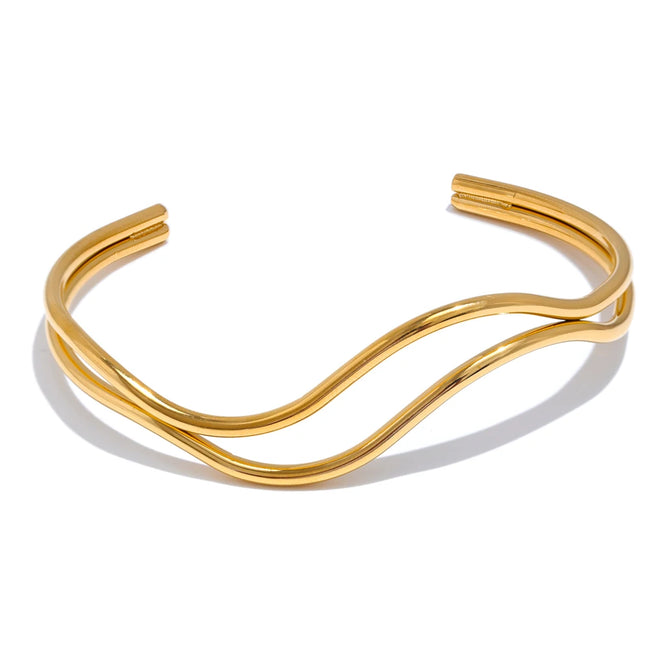 Bracelet manchette réglable double couche plaqué or véritable