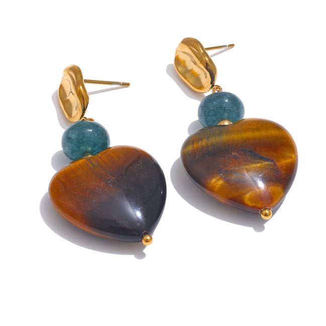 Boucles d'oreilles cœur agate tigre naturelle