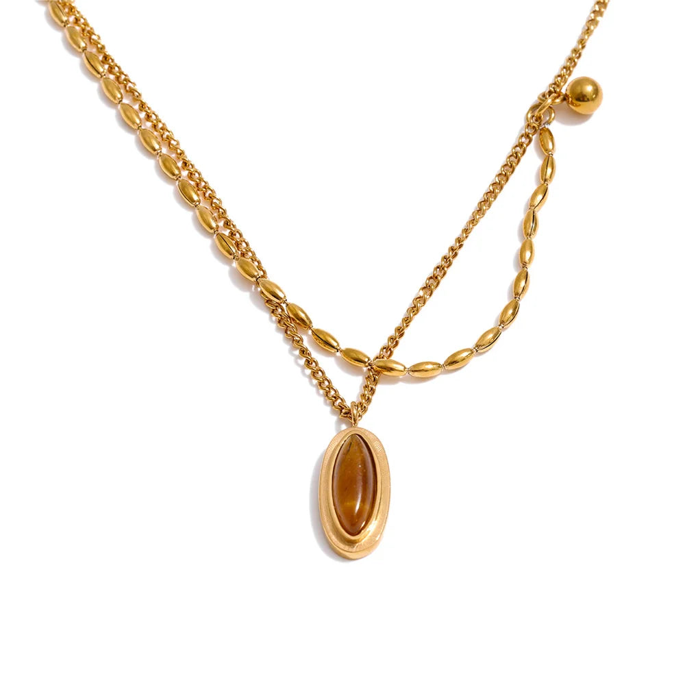 Collier pendentif ovale pierre de tigre