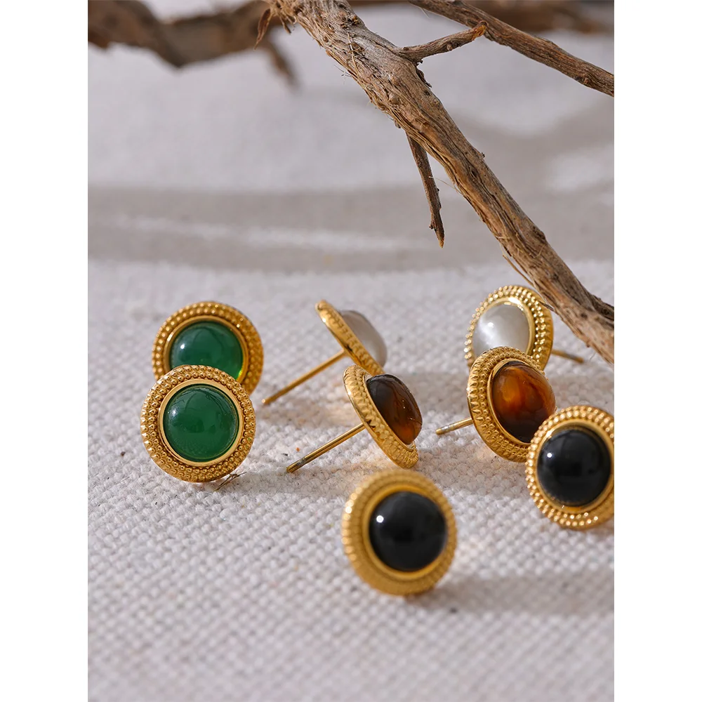 Boucles d'oreilles puces rondes pierre naturelle