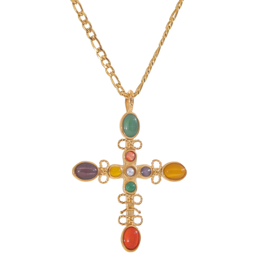 Collier pendentif croix pierre naturelle