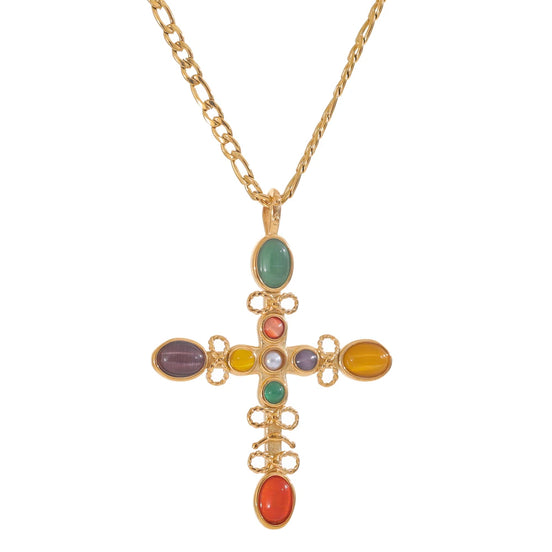 Collier pendentif croix pierre naturelle