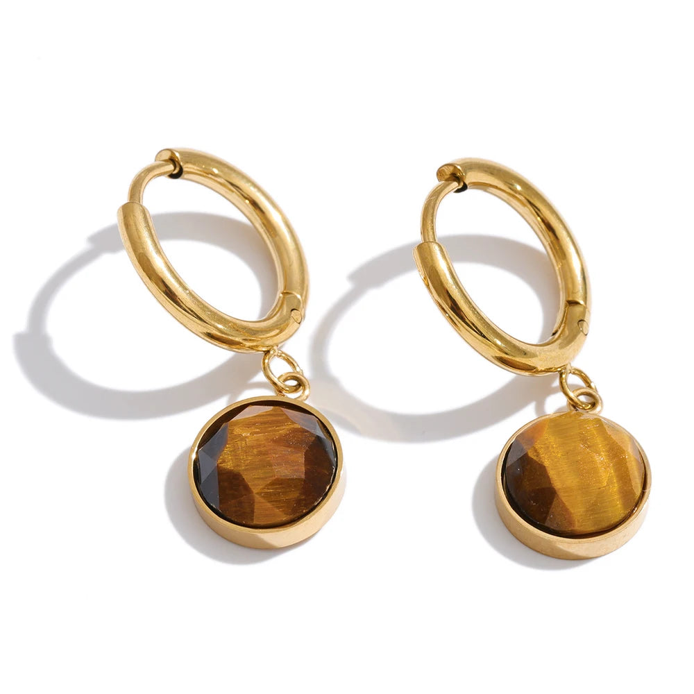 Boucles d'oreilles pendantes rondes jade africain et œil de tigre