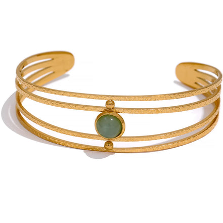 Bracelet manchette boho pierre naturelle verte plaqué or véritable