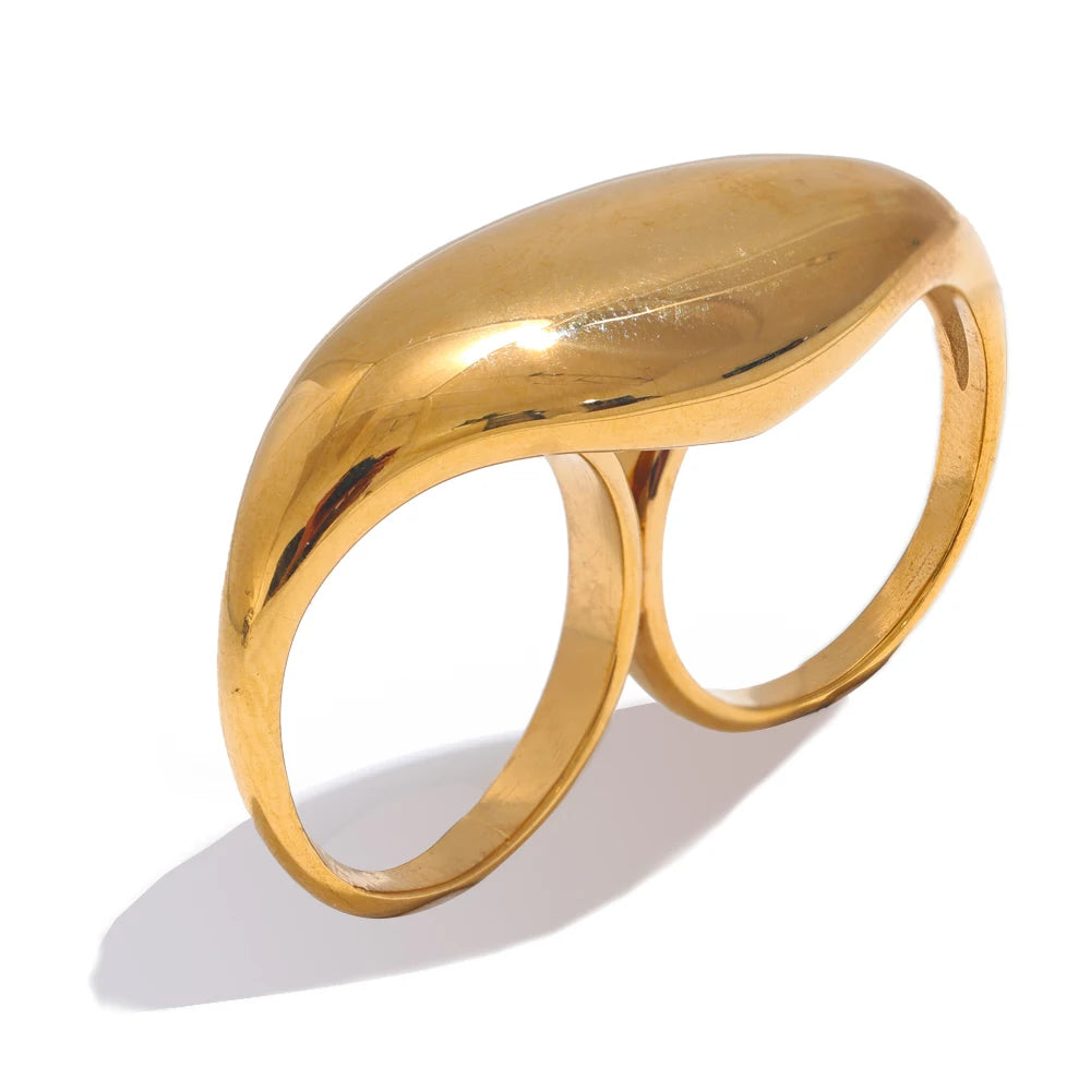 Bague géométrique double doigt exagérée plaqué or véritable