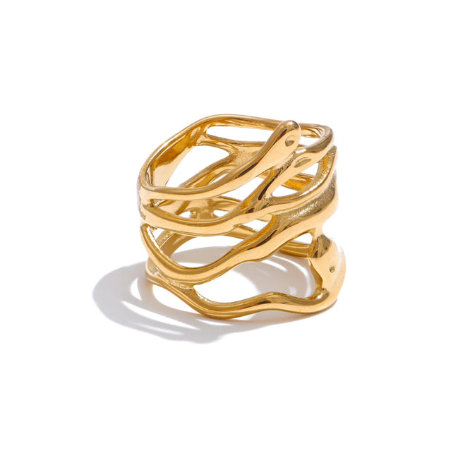 Bague large géométrique superposée plaqué or véritable