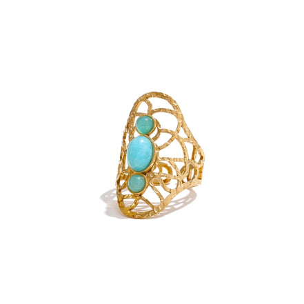 bague ajourée pierre naturelle blanche et bleue
