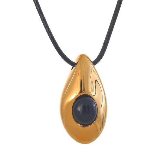 Collier pendentif onyx goutte d'eau cuir