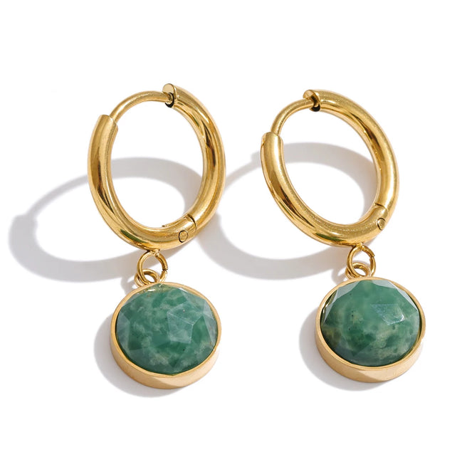 Boucles d'oreilles pendantes rondes jade africain et œil de tigre