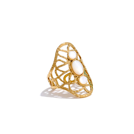 bague ajourée pierre naturelle blanche et bleue